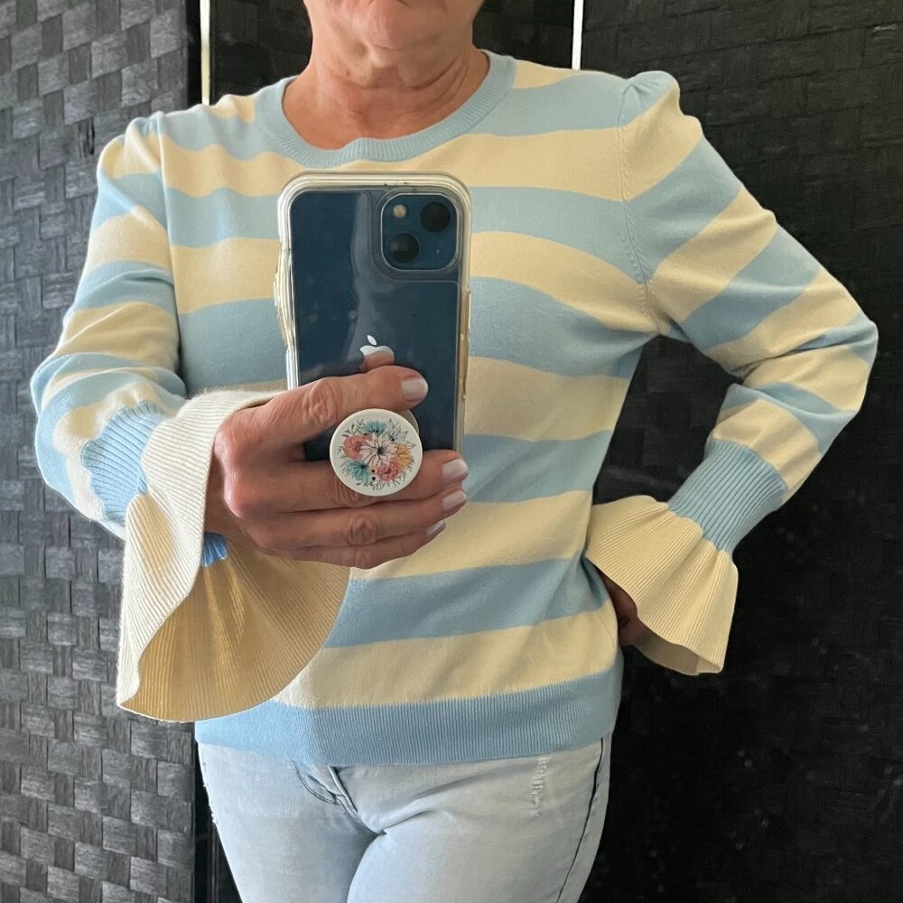 Powder Blue Striped Ruffle Sleeve Sweater Large NWOT